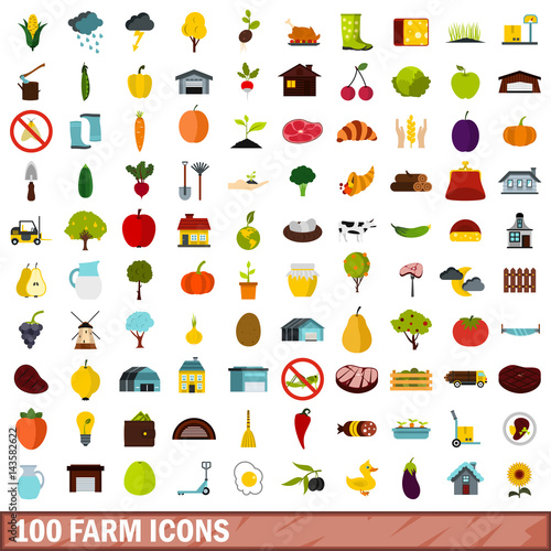 100 farm icons set, flat style