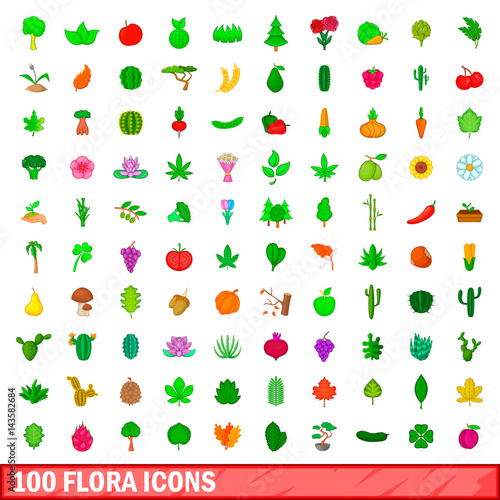 Fototapeta Naklejka Na Ścianę i Meble -  100 flora icons set, cartoon style
