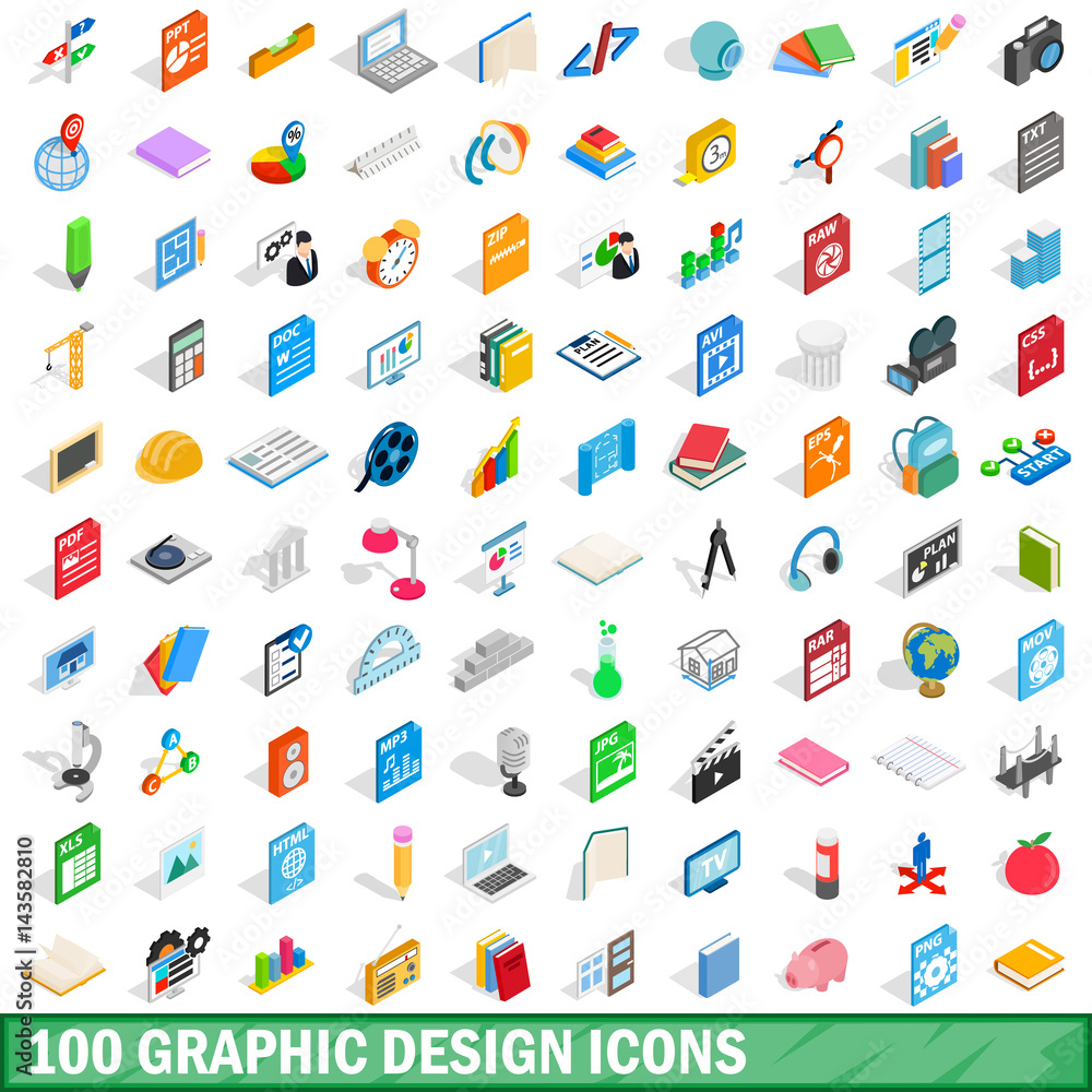100 graphic design icons set, isometric 3d style 100 graphic design icons set, isometric 3d style