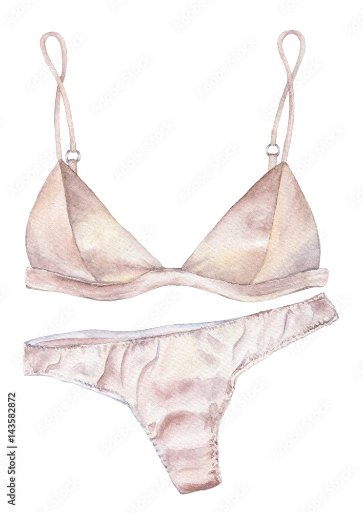 Watercolor illustration set of silk lingerie. Satin bra and