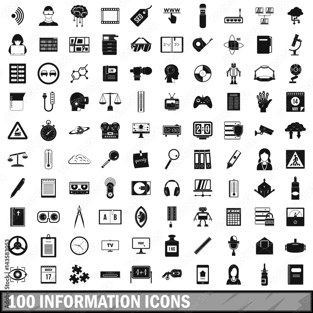 100 information icons set, simple style 
