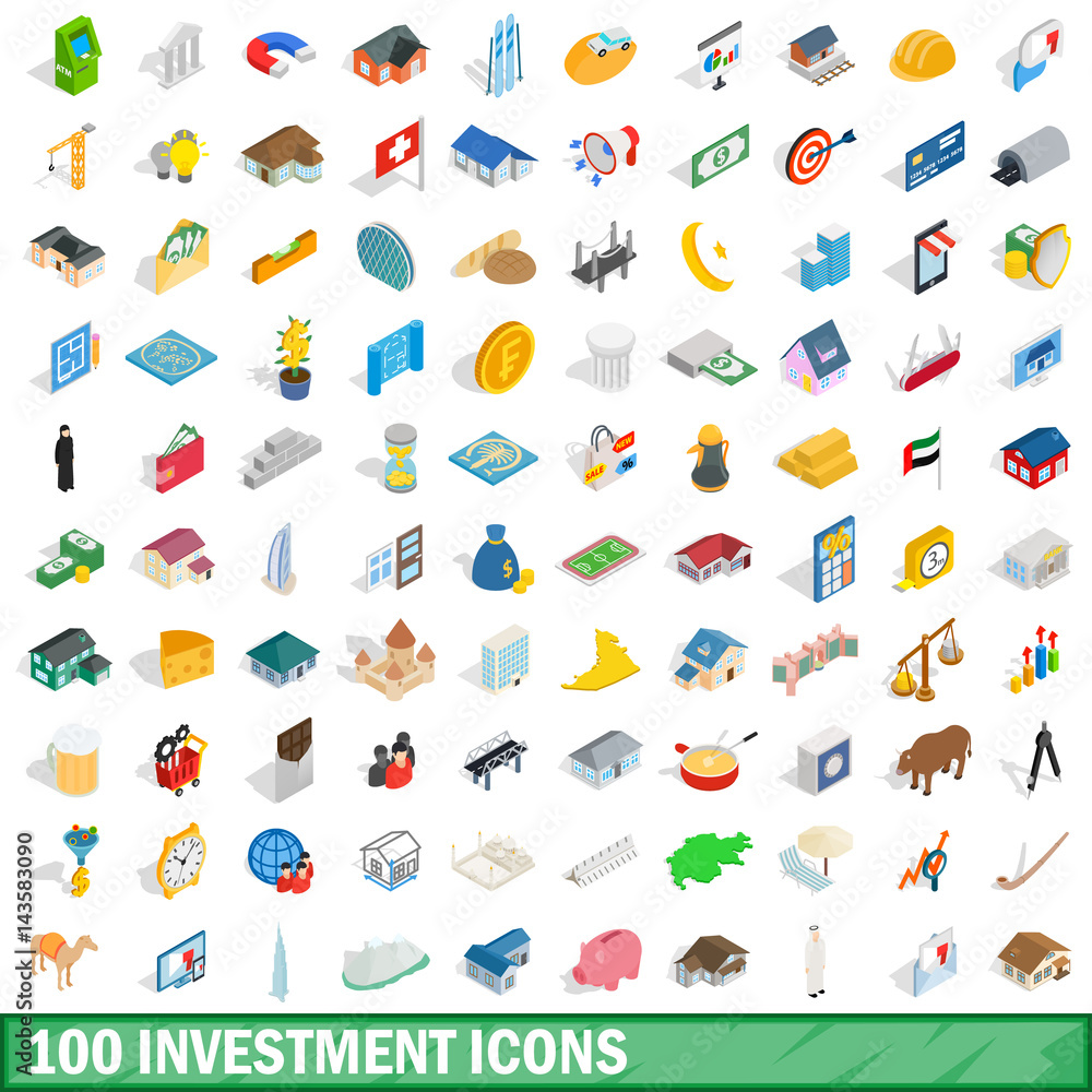 100 investment icons set, isometric 3d style 100 investment icons set, isometric 3d style