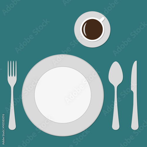 Plate, knife, fork, spoon and cup. Top view of table setting. Flat design. Vector illustration.