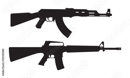 AK47 icon and M16 icon. Machine gun black silhouette. Vector illustration.