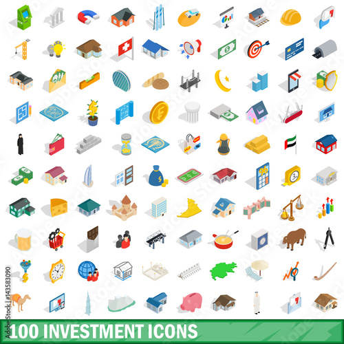 100 investment icons set, isometric 3d style