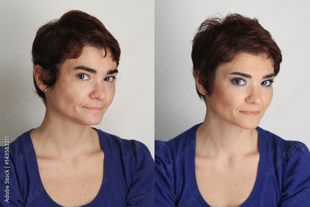 middle aged woman photographed twice, before and after make up middle aged woman photographed twice, before and after make up