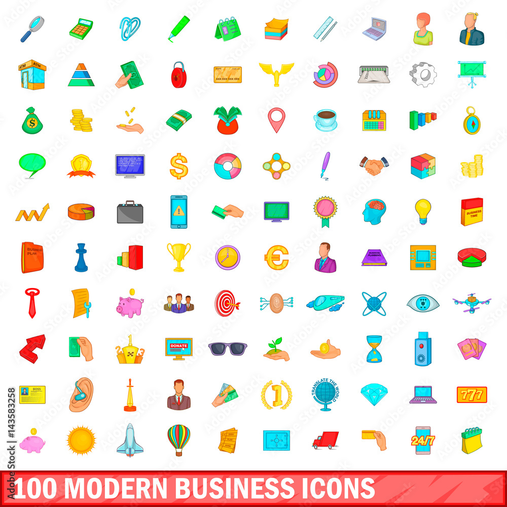 100 modern business icons set, cartoon style 100 modern business icons set, cartoon style