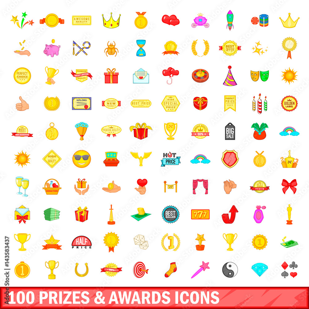 Fototapeta premium 100 prizes and awards icons set, cartoon style