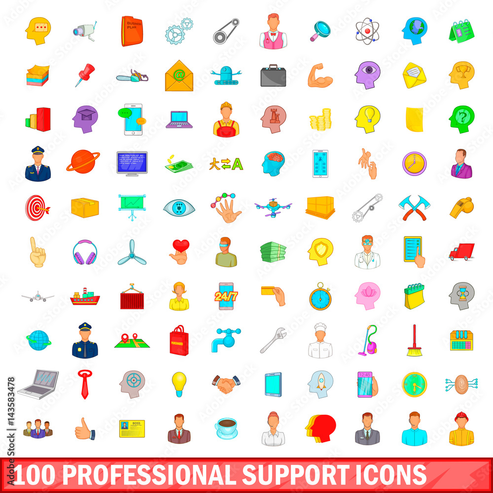 100 professional support icons set, cartoon style 100 professional support icons set, cartoon style