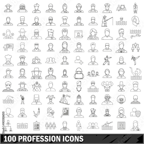 100 profession icons set, outline style