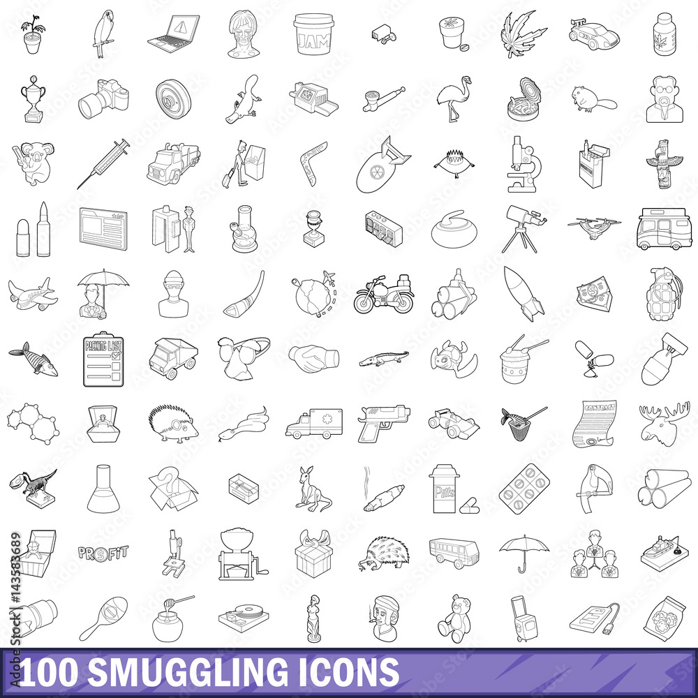100 smuggling icons set, outline style 100 smuggling icons set, outline style