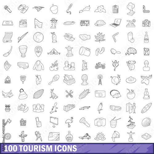 100 tourism icons set  outline style