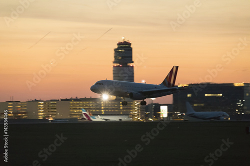 landing aircraft at the airport the evening, Schwechat, Austria