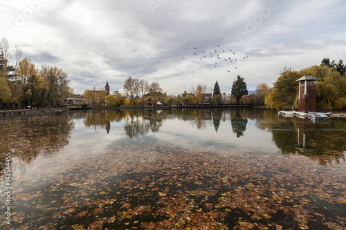 Autumn scene in pond of Puigcerda, city of the Pyrenees in Cerdanya region, Catalonia, Spain.