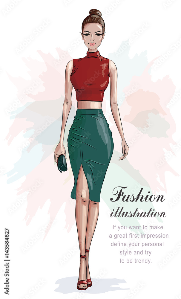 Stylish woman in fashion clothes red crop top and green skirt