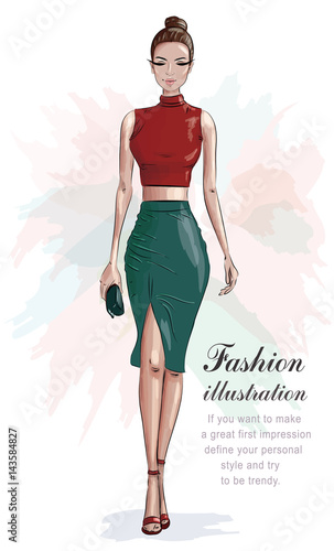 Stylish woman in fashion clothes: red crop top and green skirt. Beautiful fashion woman with hand bag. Sketch. Vector illustration.