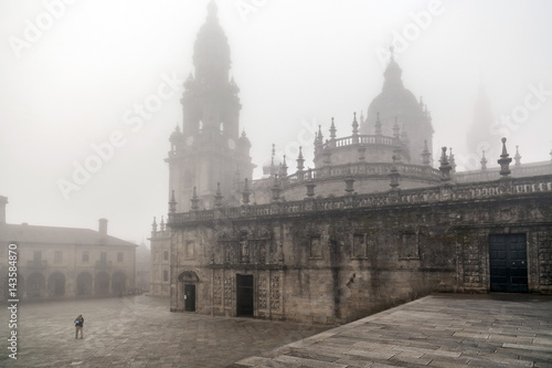 Cathedral, Obradoiro in a foggy day in autumn,Quinatana square,Santiago de Compostela, Galicia, Spain.