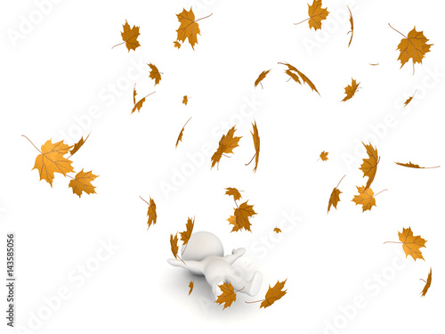 3D Character lying down while autumn leaves are flying around him