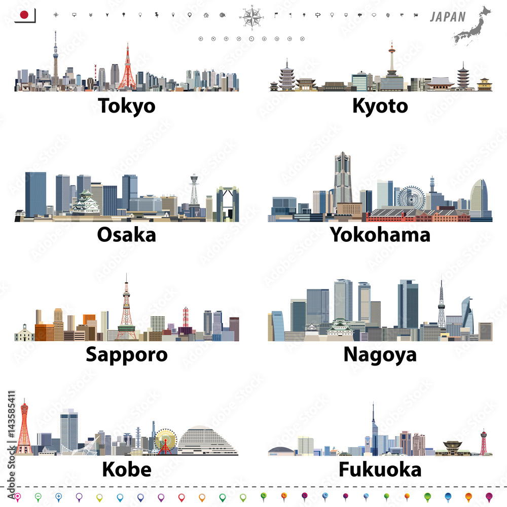 Naklejka premium wektorowa ilustracja japońskich panoram miasta z ikonami lokalizacji, nawigacji i podróży; flaga i mapa Japonii