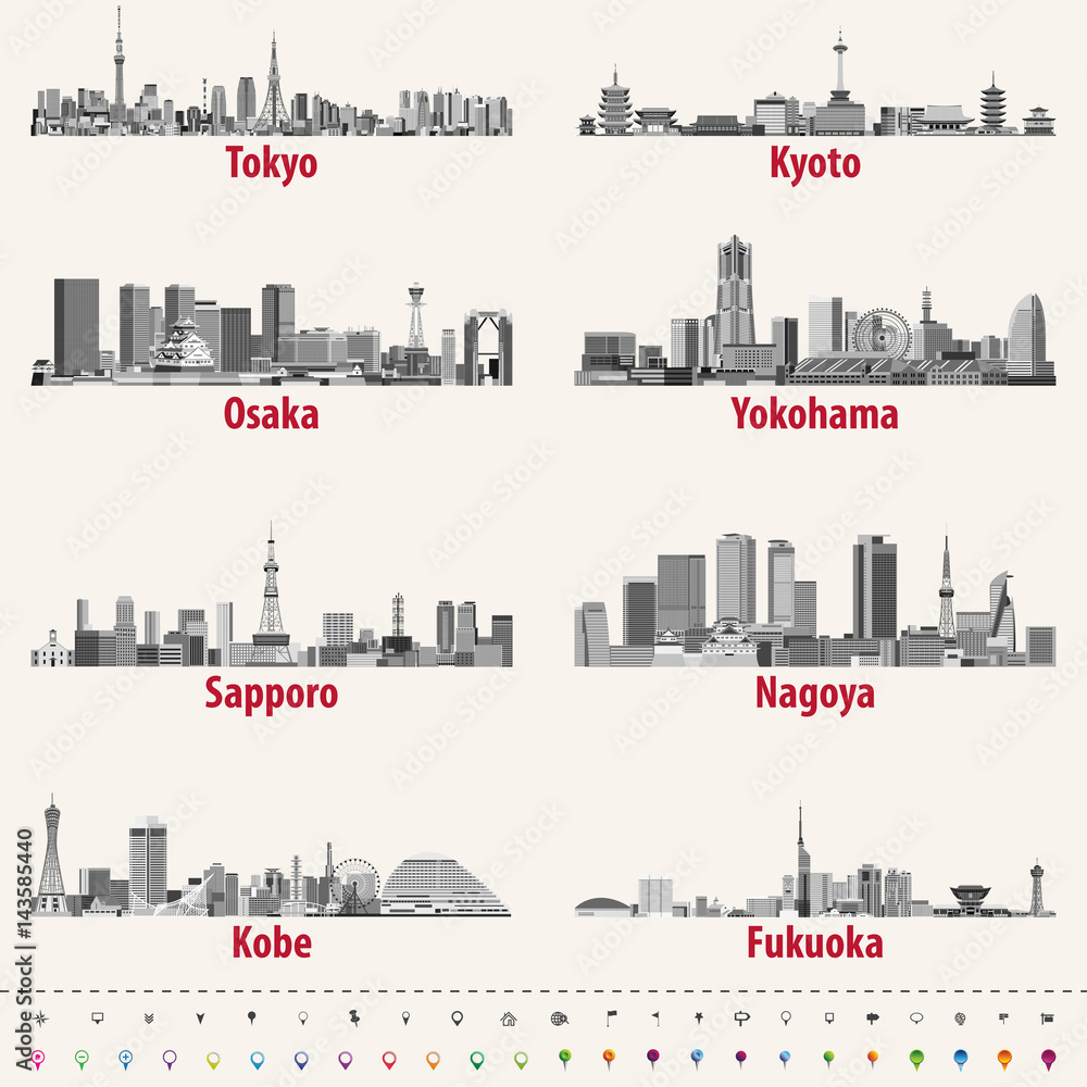 Japanese cities skylines vector illustrations in grey scales color palette