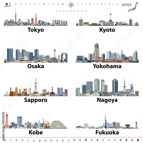 vector illustration of japanese city skylines with location, navigation and travel icons; flag and map of Japan photo