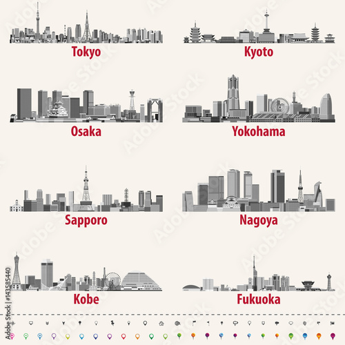 Japanese cities skylines vector illustrations in grey scales color palette