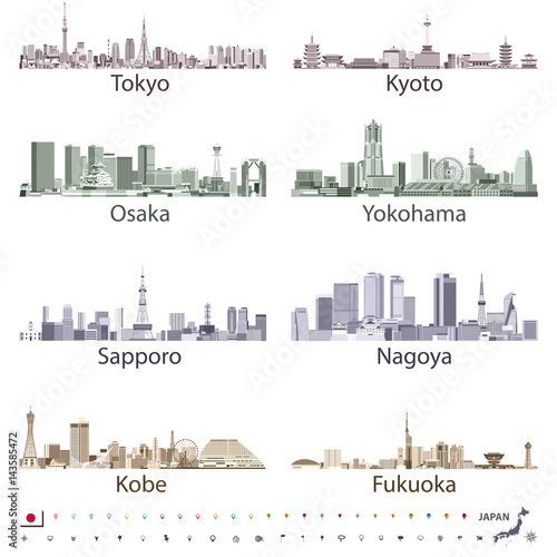 Japanese cities skylines vector illustrations in bright color palette