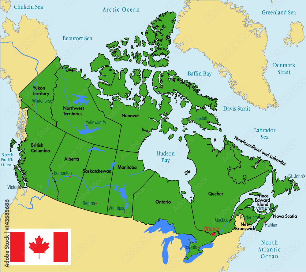 Obraz premium Canada map with regions and their capitals
