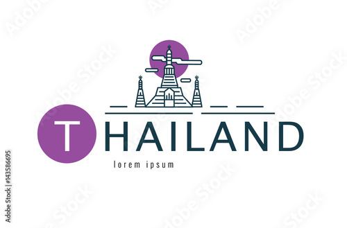 Thailand logo. Scene of  Wat Arun. Bangkok famous Landmark. flat line design element. vector illustration