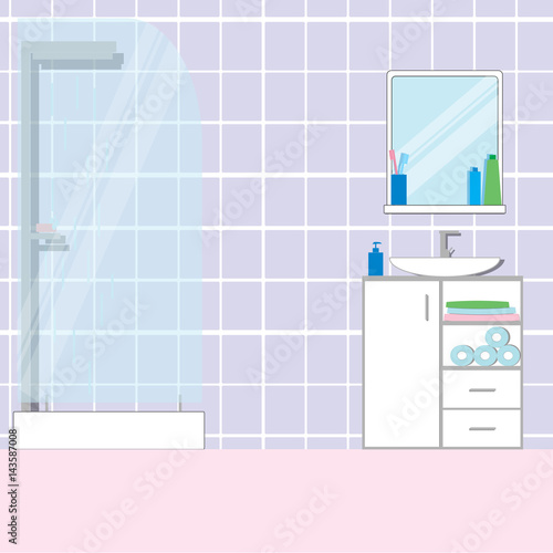 Bathroom interior with furniture, sink and shower. Flat vector i