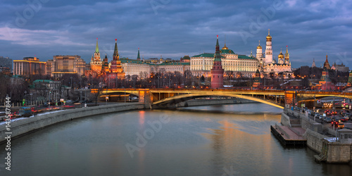 Kremlin and Bolshoy Kamenny Bridge in the Evening, Moscow, Russia
