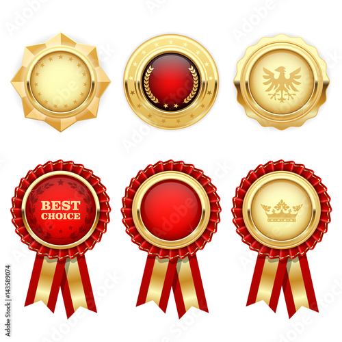 Red award rosettes and gold heraldic medals and insignia