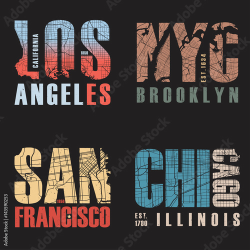 Set of us cities t-shirt designs. Vector illustration.