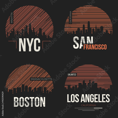Set of t-shirt designs with us cities silhouettes