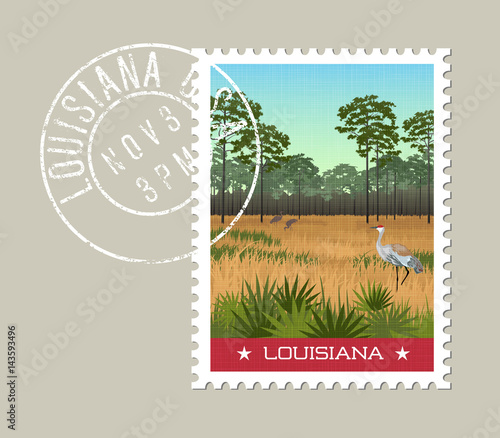 Louisiana postage stamp design. Vector illustration of Sandhill cranes and pines in wetland nature preserve. Grunge postmark on separate layer.