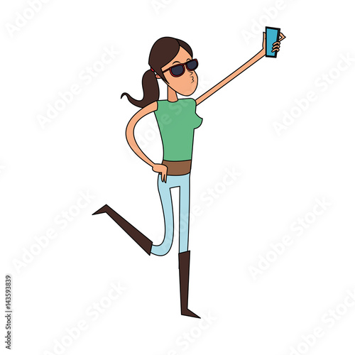 young woman with sunglasses posing for selfie cartoon icon image vector illustration design 