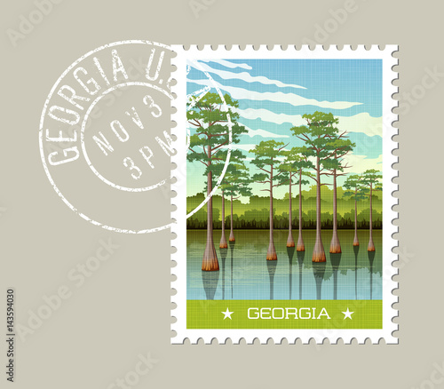 Georgia postage stamp design. Vector illustration of wetland forest with Bald Cypress trees.