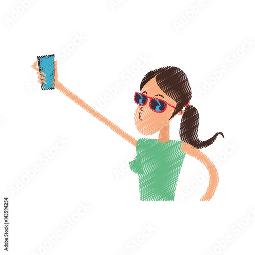 young woman with sunglasses posing for selfie cartoon icon image vector illustration design 