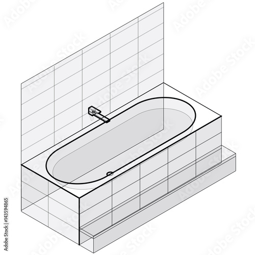 Modern bathtub filled with water. Outlined vector bath tub in isometric perspective. Isolated sanitary equipment purchased with modern water battery tap. Bathroom fixtures in family house apartment.