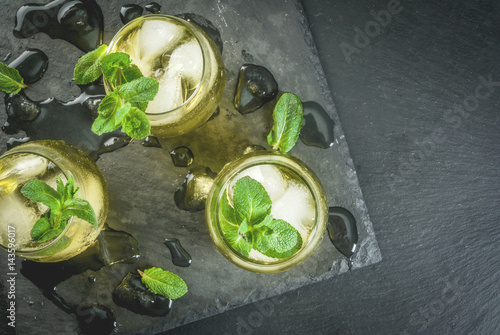 Traditional Spanish alcoholic drink, Rebujito cocktail - white wine, carbonated water (soda), mint, lemon juice. On a black slate board copy space photo