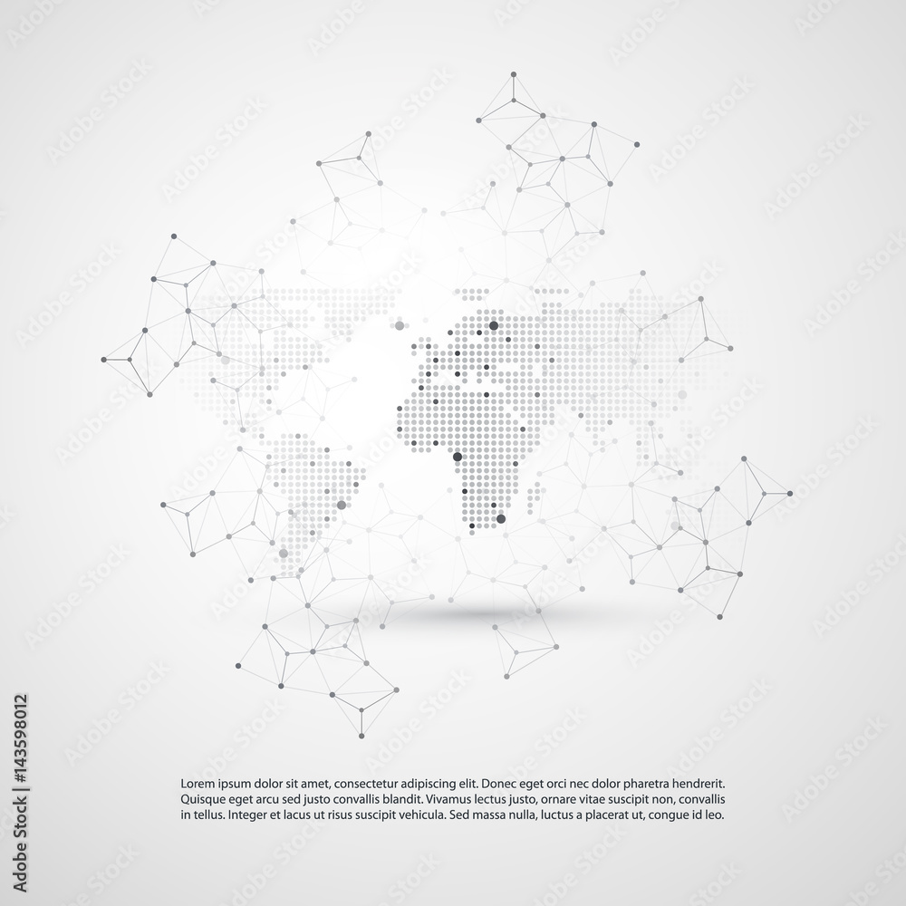 Fototapeta premium Cloud Computing and Networks with World Map - Abstract Global Digital Network Connections, Technology Concept Background, Creative Design Element Template with Transparent Geometric Grey Wire Mesh