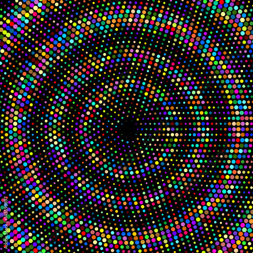 Raster halftone pattern effect Colored dots circles on black background