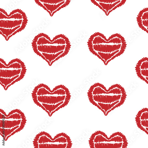 Seamless pattern with isolated red heart embroidery stitches imitation