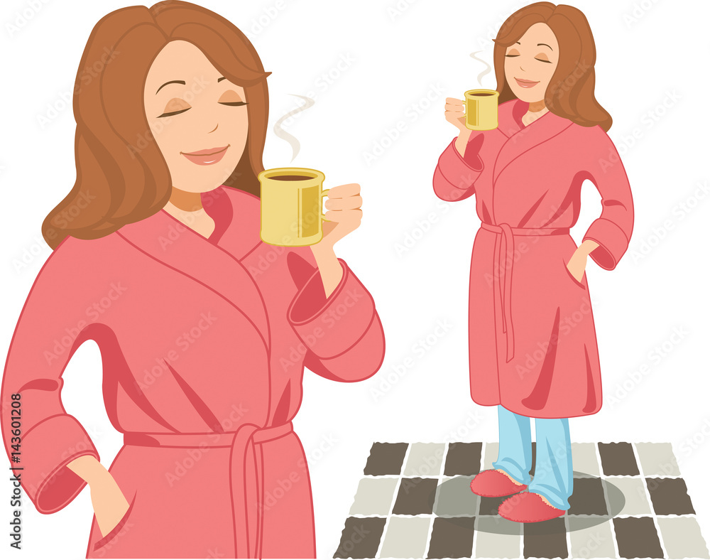 Woman wearing pajamas and bathrobe savors a hot cup of coffee Woman wearing pajamas and bathrobe savors a hot cup of coffee