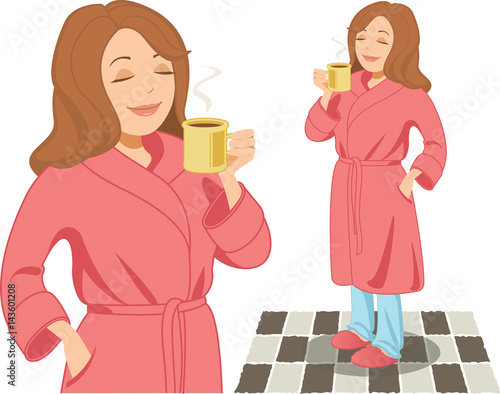 Woman wearing pajamas and bathrobe savors a hot cup of coffee