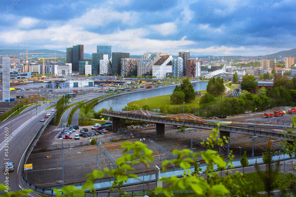 Obraz premium Cityscape of Oslo seen from above with skyscrapers view, bridges, green leafs in front of city and mountains in the background with cloudy sky