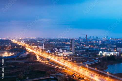 Minsk  Belarus. Aerial View Cityscape In Bright Blue Hour Evening