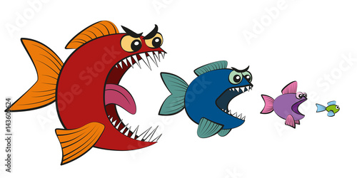 Big fish eating little fish - symbol for hierarchy, business takeover, absorption, usurpation, seizing power or food chain. Isolated vector comic illustration on white background.