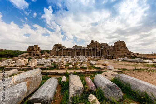 Ancient Side city agora, central hall ruins. Side, Antalya province, Turkey.