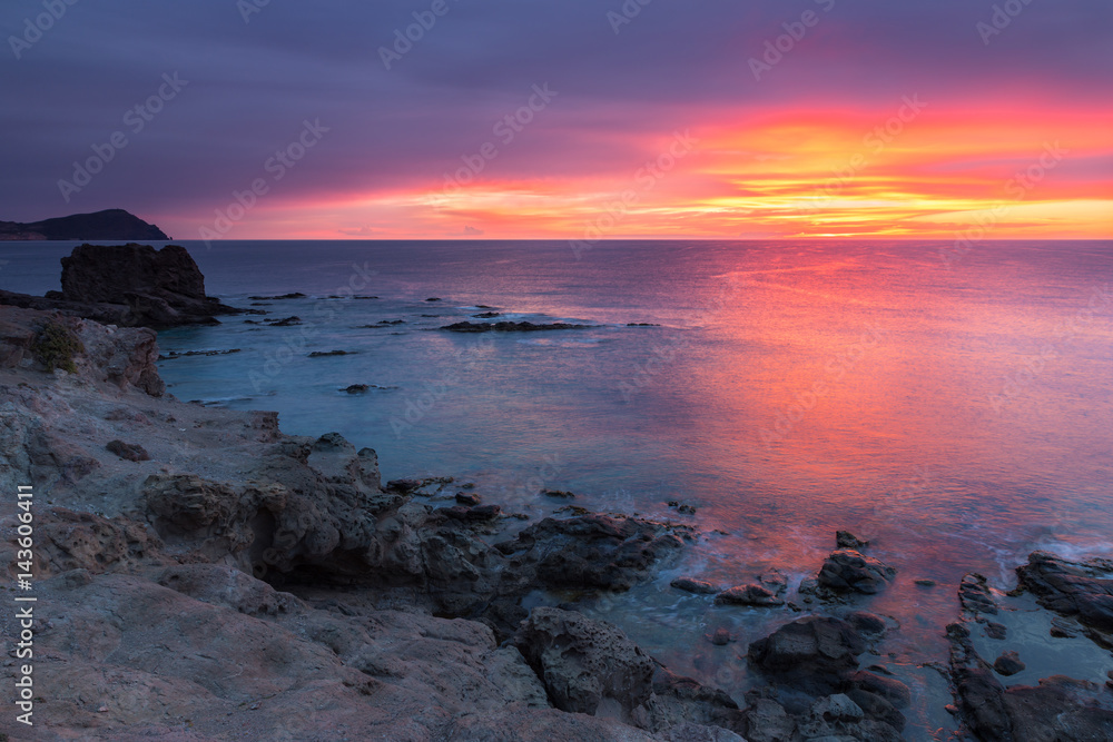 Sunrise on the coast of Escullos. Natural Park Cabo de Gata. Spain.